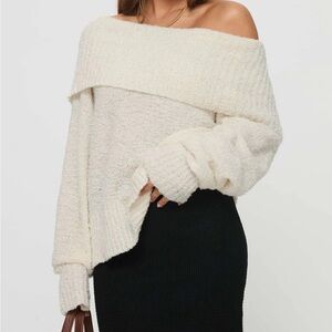 Princess Polly PARKLEY BOUCLE OFF THE SHOULDER SWEATER CREAM